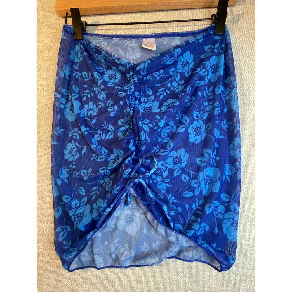 Blue Floral Mesh Ruched Mini Skirt Small Sheer Drawstring Front Festival Wear